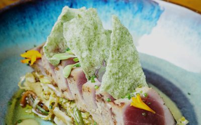 Receta de láminas de atún rojo marinado en miso y naranja con ensalada templada de verduras y algas